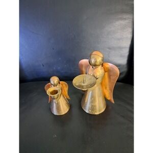 Vtg 1970s Brass Copper Winged Christmas Choir Angel Candleholder 6" And‎ 3" Set